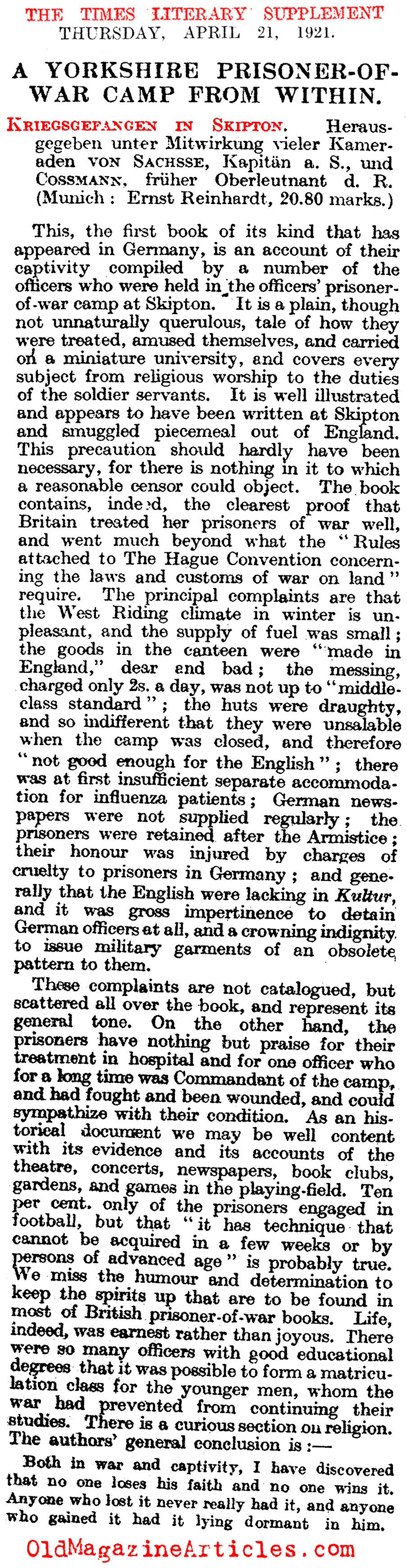 German Officers Recall Their Days as P.O.W.s  (Times Literary Supplement, 1921)